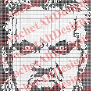 Könnte beinhalten: Schwarzweißes Pixel-Art eines Gesichts. Die Person hat einen Schnurrbart und einen Bart. Das Bild ist auf einem Gitterhintergrund.