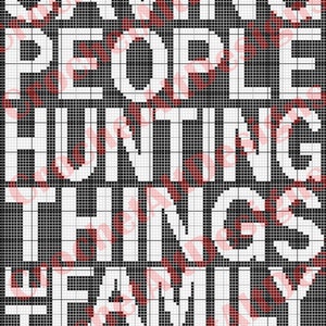 Può includere: Design di pixel art in bianco e nero con il testo "Saving People Hunting Things Drinking Family Business".