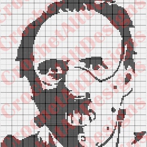 May include: Black and white pixel art image of a man's face with the text "Have the lambs stopped screaming?" above the image.