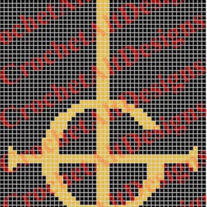 May include: A black and gold pixel art design of a pentagram with a vertical line through the center. The design is on a black background with a red pattern of the words "Crochet Art Designs" repeated.