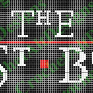 May include: Black and white pixel art of the text "THE LOST BOYS" with a red line above the text.