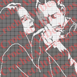 Könnte beinhalten: Ein schwarz-weiß pixeliges Bild von zwei Personen, möglicherweise einem Paar, in enger Umarmung. Das Bild ist ein Häkelmuster-Design, mit den Worten "Crochet All Designs" in Rot überlagert.