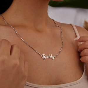 Gold Name Necklace, Personalized Name Plate, 14K Gold Name Jewelry, Cube Chain Necklace, Handwritten Jewelry, Mothers Day Gift