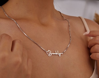 Gold Name Necklace, Personalized Name Plate, 14K Gold Name Jewelry, Cube Chain Necklace, Handwritten Jewelry, Mothers Day Gift