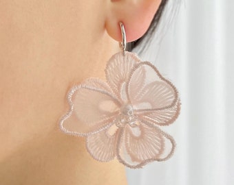 Cherry blossom earrings, floral clip on, invisible clip on earrings, pink earrings, pearl earrings, lightweight, wedding, fabric earrings