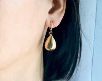 Huggie Clip On Hoop Earrings Gold Teardrop Dangle Invisible Non Pierced No Pierce, G-D