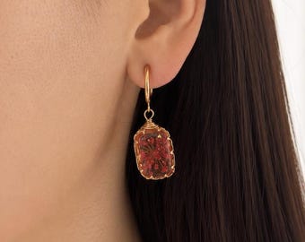 Pressed Flower Resin Clip On Earrings, Red Floral Gold Hoop Earrings, Non Pierced Earrings, Botanical Boho Jewelry, Nature Inspired Gift, H9