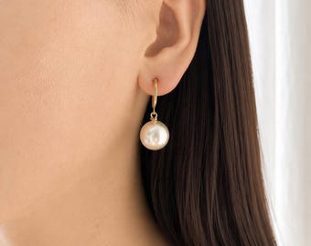 Pearl Clip On Earrings, Gold Hoop Non Pierced Earrings, Large Pearl Earrings, Bridal Clip On, Statement Pearl Earrings, Big Pearl, H12
