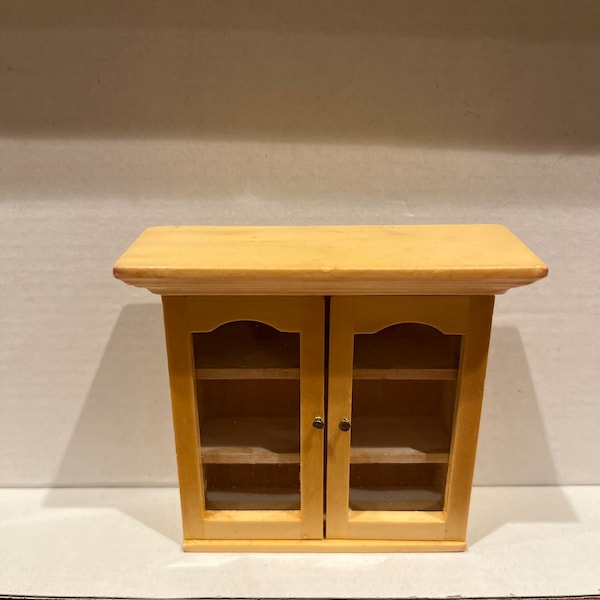 Dolls House Miniature pine glass fronted kitchen wall cupboard wood Victorian style 1/12th scale