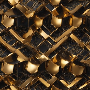 Può includere: Motivo geometrico astratto in nero e oro. Il motivo è composto da quadrati e rettangoli sovrapposti, creando un senso di profondità e dimensione.