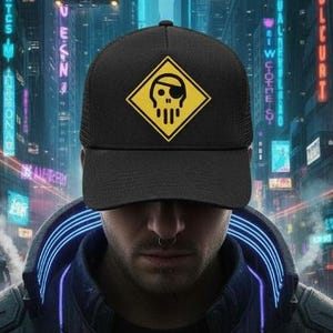 Puede incluir: Gorra de camionero negra con un logotipo amarillo de calavera y huesos cruzados. La gorra la lleva una persona en un paisaje urbano futurista con letreros de neón. El fondo presenta vehículos voladores y edificios altos.