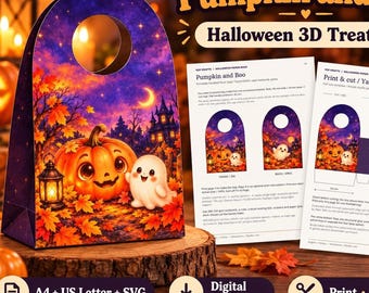 Plantilla para bolsa de dulces de Halloween, mini bolsa de regalo 3D de calabaza y fantasma, PDF SVG tamaño A4