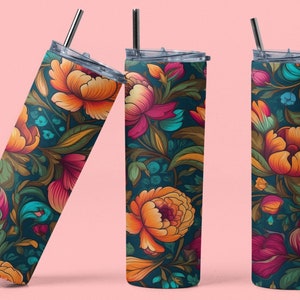20oz Tumbler Wrap Descarga digital PNG Patrón floral vibrante Español Cuerda Seca Arte Sublimación Diseño de vaso flaco recto y cónico