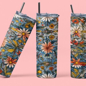 20oz Tumbler Wrap Descarga digital PNG Daisy Floral Patrón Español Cuerda Seca Estilo Arte Sublimación Recto Cónico Flaco Diseño de Vaso