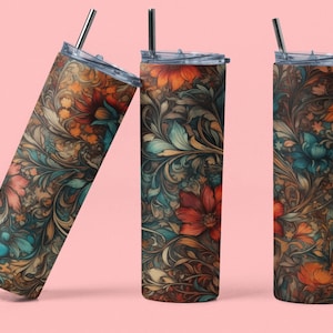 20oz Tumbler Wrap Descarga digital PNG Color dividido Patrón floral Español Cuerda Seca Arte Sublimación Recto Cónico Flaco Diseño de vaso