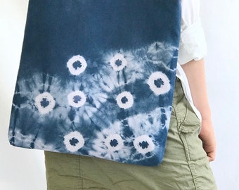 Shibori Tote Bag, Hand Dyed Blue Tote Bag