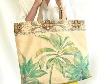 Hand Painted Big Tote Bag | Naturally Tea Dyed Large Summer Bag with Hand Drawn Design