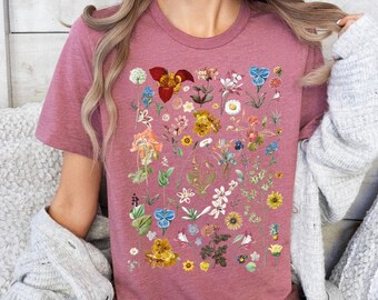 Vintage Cottagecore Shirt, Goblincore Shirt, Boho Wildflowers Shirt, Nature Shirt, Botanical Shirt, Garden Lover, Autumn Aesthetic Green