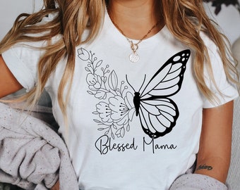 Blessed Mama T-Shirt, Butterfly Floral Design, Mom Gift