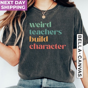 May include: A dark grey t-shirt with the text "weird teachers build character" in colourful letters. The text is stacked vertically, with each word in a different colour. The shirt is being worn by a person with long brown hair.