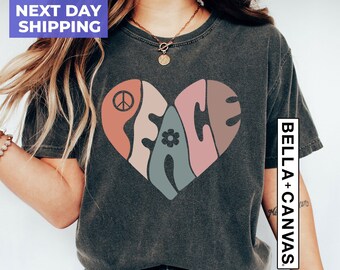 Vintage Peace Heart Graphic T-Shirt, Groovy Boho Tee
