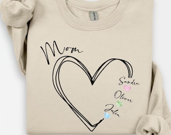 Sweat-shirt maman personnalisé avec prénoms d'enfants, sweat-shirt coeur de maman, chemise personnalisée, pull à col rond pour femme, cadeau fête des mères, cadeau pour maman