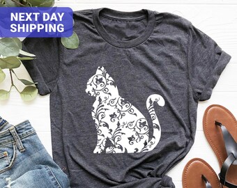 Floral Cat Silhouette Shirt, Nature Lover Gift