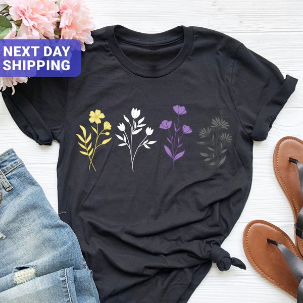 Flowers Non Binary Pride T-Shirt, Non-Binary Flag Flowers, Scret Enby Unisex Gift, LGBTQ Pride Month Gift, LGBT NB Genderqueer