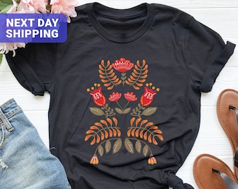 Scandinavian Folk Art Floral Shirt, Nordic Botanical Tee, Cottagecore T-Shirt Gift for Women