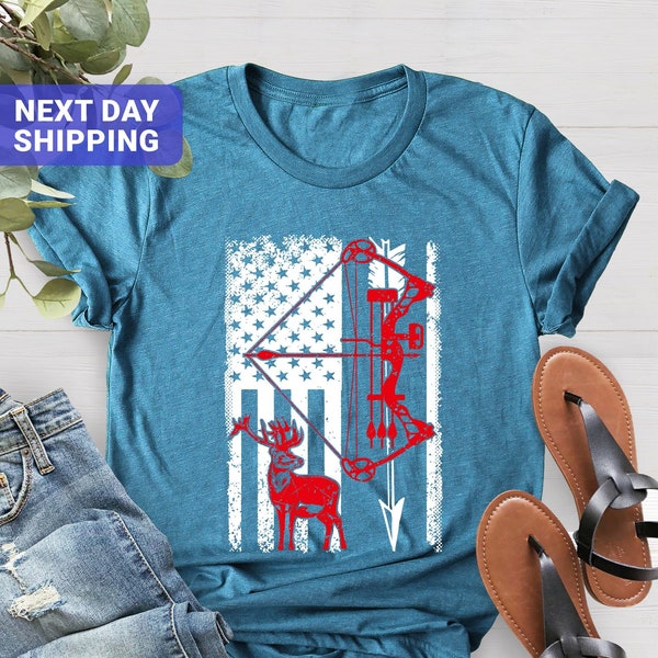 Hunting Shirt with American Flag, American Hunter Shirt, Bow Hunting T-shirt, Hunting Gear for Men and Women, Father's Day Hunting Gift