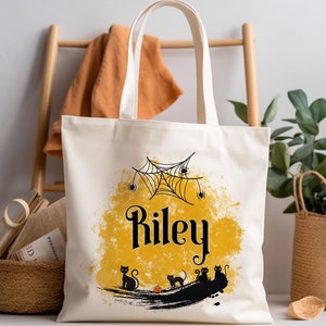 Personalisierte Halloween-Einkaufstasche, kundenspezifische Kürbis-Hexe-schwarze Katzen-Schloss-Skelett, Geist-Segeltuch-Einkaufstasche für Süßes sonst gibts Saures Goodie-Taschen