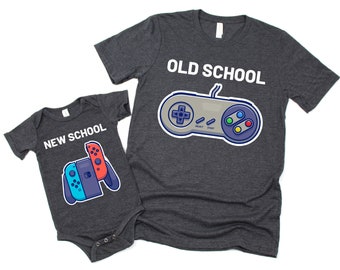 Matching Father and Son, Personalized Video Game Shirt, "Old School New School" Gaming TShirts, New Dad Gift, Dad and Baby Outfit