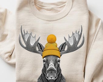 Bull Moose Wearing Beanie Sweatshirt, Mountain Wildlife Crewneck, Camping and Hiking Gift, Retro 90s Unisex Animal Outdoors Pullover Sweater