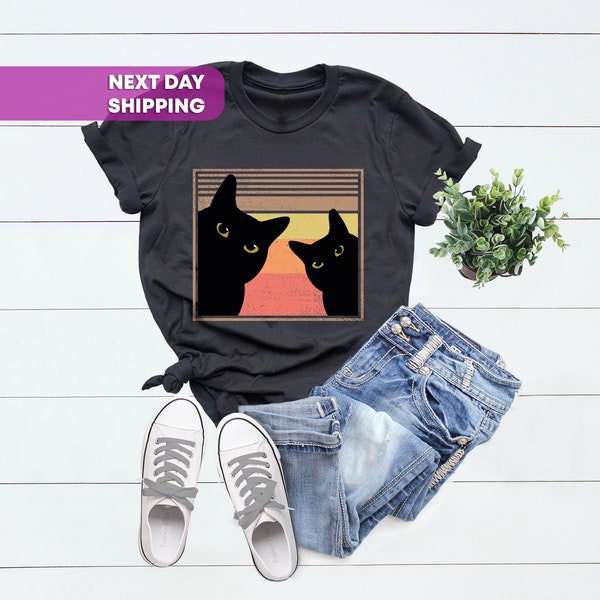 Retro Vintage Black Cats, 80s Style, Cat Owner Funny, Peekaboo Cat Dad Gift T-Shirt, Cat Face 70s, Lovely Kitten Tee