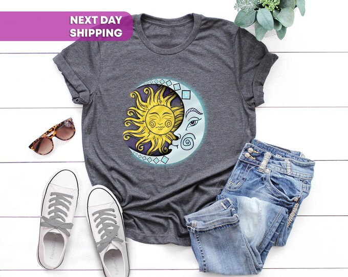 Whimsical Sun and Moon Graphic Black T-shirt, Bohemian Sun and Moon
