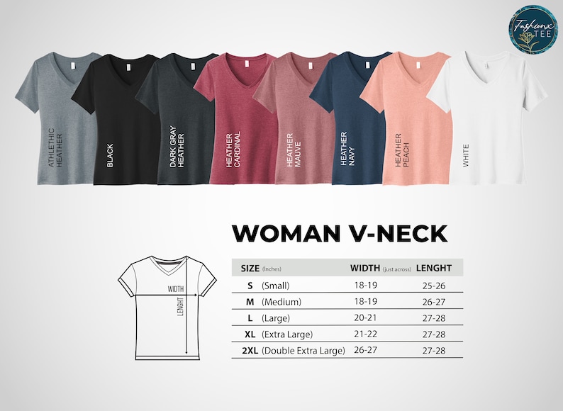 Op de afbeelding: Een collectie van acht T-shirts met korte mouwen en V-hals in diverse kleuren, waaronder athletic heather, zwart, dark gray heather, heather cardinal, heather mauve, heather navy, heather peach en wit, met een maattabel in inches.