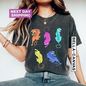 Colorful Tiger Mineral Washed T Shirts, Relaxed Graphic Top, Unisex Relaxed Fit Tee, Womens Tiger Shirt, Cute Tiger Shirt, Tiger Tee image 1
