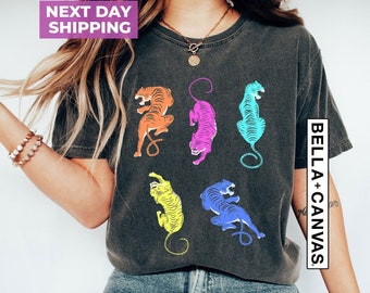Colorful Tiger Mineral Washed T Shirts, Relaxed Graphic Top, Unisex Relaxed Fit Tee, Womens Tiger Shirt, Cute Tiger Shirt, Tiger Tee