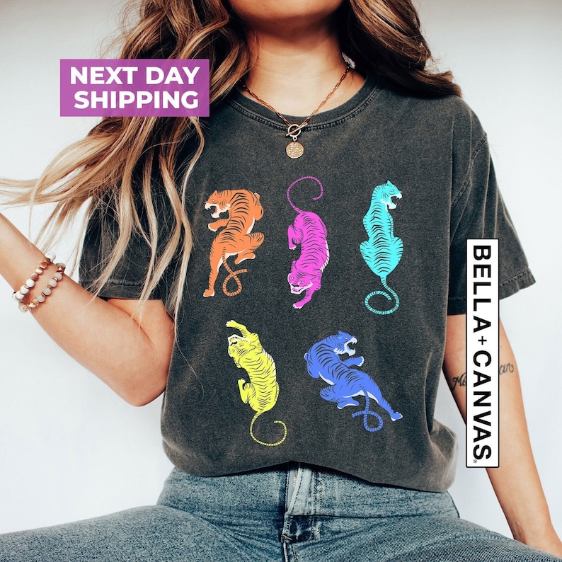 Colorful Tiger Mineral Washed T Shirts, Relaxed Graphic Top, Unisex Relaxed Fit Tee, Womens Tiger Shirt, Cute Tiger Shirt, Tiger Tee image 1
