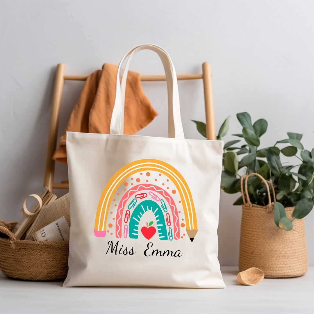 Custom Teacher Rainbow Tote Bag, Cute School Tote Bag Gift, Teacher ...