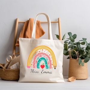 Custom Teacher Rainbow Tote Bag, Cute School Tote Bag Gift, Teacher Thank You Gift, Personalized Teacher Gift Bag, Teacher Appreciation Bag