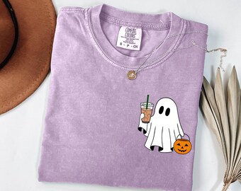 Comfort Colors® Сute Ghost Coffee Shirt, Сute Little Ghost Iced Coffee T-shirt, Halloween Coffee Lovers, Boo Ghost Shirt, Ghost Coffee Shirt
