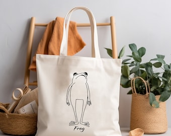 Frog Tote Bag, Screen Printed Canvas Tote Bag, Women Shoulder Bag, Women Bag, Natural Tote Bag, Cotton Canvas Tote Bags, Christmas Gift