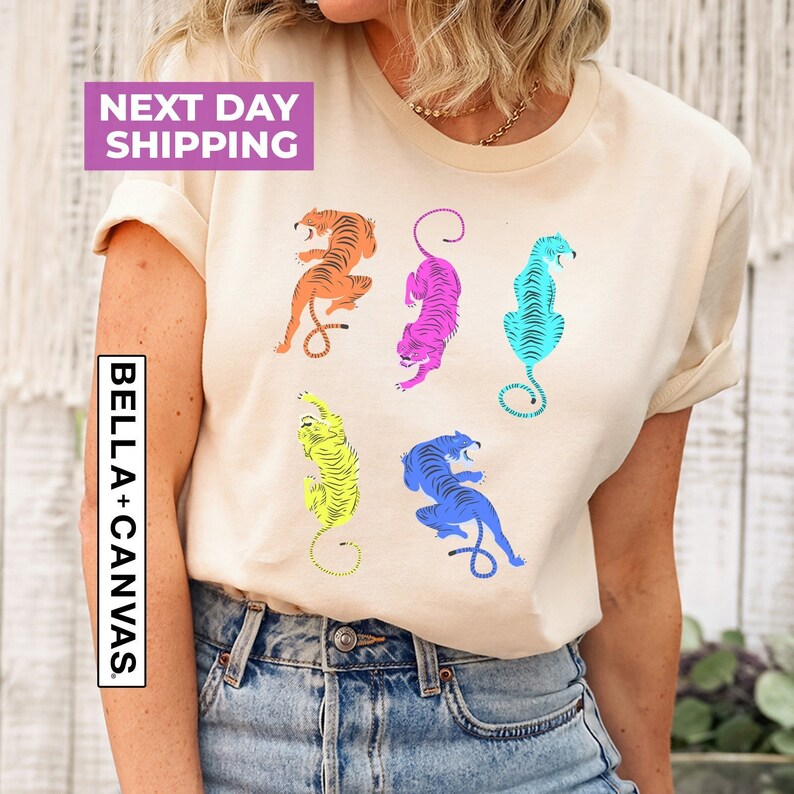 Colorful Tiger Mineral Washed T Shirts, Relaxed Graphic Top, Unisex Relaxed Fit Tee, Womens Tiger Shirt, Cute Tiger Shirt, Tiger Tee image 2