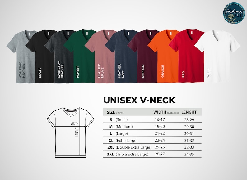 Op de afbeelding: Een collectie van tien V-hals t-shirts in diverse kleuren, waaronder athletic heather, zwart, dark gray heather, forest, heather mauve, heather navy, maroon, oranje, rood en wit, vergezeld van een maattabel met afmetingen in inches.
