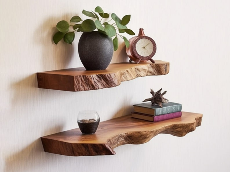 Live Edge Shelving floating bookshelf hanging shelf Rustic Charm Meets Modern Design