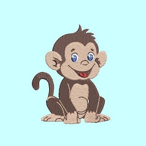 Könnte beinhalten: Ein brauner Cartoon-Affe mit blauen Augen und einem breiten Grinsen. Der Affe sitzt mit seinem Schwanz um seine Beine gewickelt.