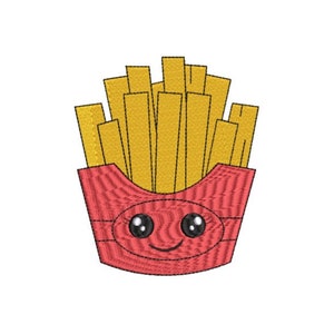 May include: A red cartoon french fry container with a smiling face and yellow french fries inside.