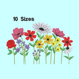 Puede incluir: Un diseño floral bordado con una variedad de flores coloridas, incluyendo amapolas rojas, margaritas amarillas y lavanda púrpura, sobre un fondo azul claro. El texto "10 Sizes" se muestra encima de las flores.