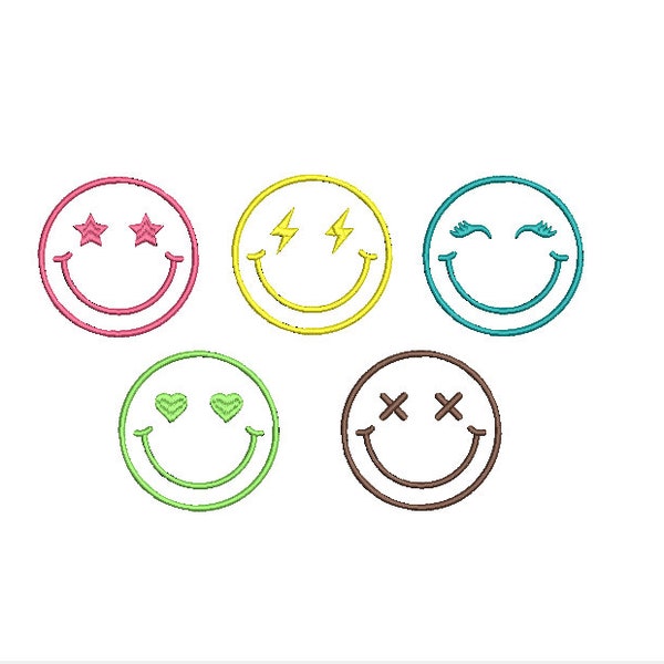 Smile Face Embroidery Machine Design, Bundle Smile Face, Star, lighting Bolt, Heart, Lashes,  5 styles 7 sizes each, Instant Download Bundle